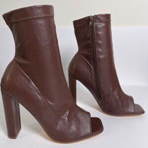 Liliana Womens Squared Open Toe Heel Booties Chunky Heel Inner Zipper Brown 8.5